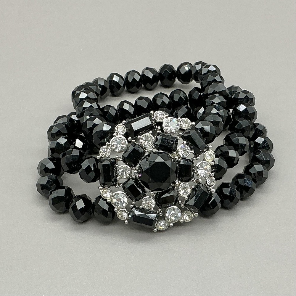 Monet Bracelet Black Beaded Rhinestone Cluster Stretch Womens Fashion Jewelry